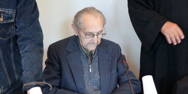 Former SS medic Hubert Zafke, 95, accused of aiding in 3,681 murders in Auschwitz in 1944, attends his trial on September 12, 2016 at the court in Neubrandenburg. Hearings have been repeatedly postponed owing to the poor health of the defendant, raising questions on whether it can go ahead. / AFP / dpa / Bernd WÃ¼stneck / Germany OUT (Photo credit should read BERND WUSTNECK/AFP/Getty Images)