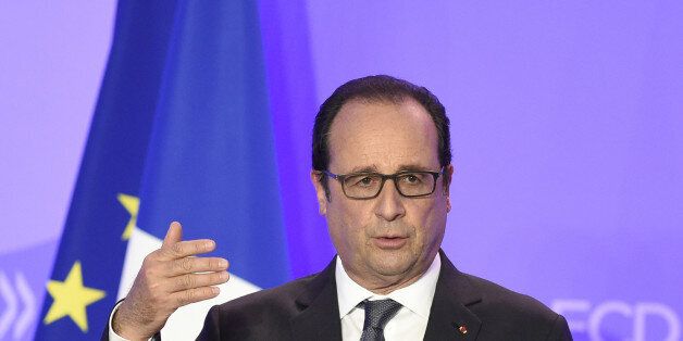 French President FranÃ§ois Hollande delivers remarks on