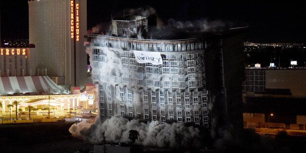 LAS VEGAS, NV - AUGUST 16: The 22-story Monte Carlo tower at the shuttered Riviera Hotel & Casino is imploded along with the property's other remaining structures on August 16, 2016 in Las Vegas, Nevada. The 60-year old Las Vegas Strip resort closed in May 2015, when it was purchased by the Las Vegas Convention and Visitors Authority, which plans to use the site to make room for more convention space as part of its USD 1.4 billion Las Vegas Convention Center District project. The Riviera's 24-story Monaco Tower was imploded in June. (Photo by Ethan Miller/Getty Images)