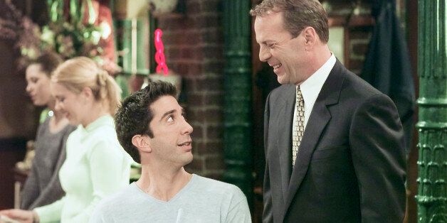 FRIENDS -- 'The One Where Ross Meets Elizabeth's Dad' Episode 21 -- Aired 4/27/2000 -- Pictured: (l-r) David Schwimmer as Ross Geller, Bruce Willis as Paul Stevens (Photo by Chris Haston/NBC/NBCU Photo Bank via Getty Images)