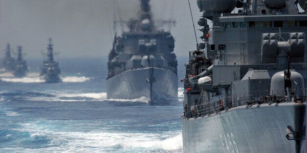 Greek frigates and torpedo boats patrol Mirtoo sea during a military exercise on Friday, June 3, 2005. The one-day
