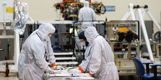 LITTLETON, CO - APRIL 13: Crews at Lockheed Martin, campus in Littleton, work in a clean room on next Mars lander, InSight, April 13, 2015. Lockheed Martin is a global security and aerospace company that employs about 112,000 people worldwide. (Photo by RJ Sangosti/The Denver Post via Getty Images)