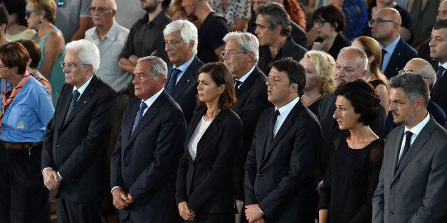 ASCOLI PICENO, ITALY - AUGUST 27: (L-R) Italian President Sergio Mattarella, Italy's upper house of Parliament Piero Grasso, Italy's lower house of Parliament Laura Boldrini, Italian Prime Minister Matteo Renzi and his wife Agnese Landini attend a funeral mass for victims of the recent earthquake on August 27, 2016 in Ascoli Piceno, Italy. Italy has declared a state of emergency in the regions worst hit by Wednesday's earthquake as hopes diminish of finding more survivors. At least 290 people ar