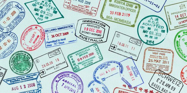 Panoramic of visa stamps on a passport