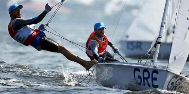 2016 Rio Olympics - Sailing - Preliminary - Men's Two Person Dinghy - 470 - Race 8/9/10 - Marina de Gloria - Rio de Janeiro, Brazil - 16/08/2016. Panagiotis Mantis (GRE) of Greece and Pavlos Kagialis (GRE) of Greece compete. REUTERS/Benoit Tessier FOR EDITORIAL USE ONLY. NOT FOR SALE FOR MARKETING OR ADVERTISING CAMPAIGNS.