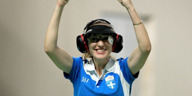 RIO DE JANEIRO, BRAZIL - AUGUST 09: Anna Korakaki of Greece reacts winning the Women's 25m pistol event on Day 4 of the Rio 2016 Olympic Games at the Olympic Shooting Centre on August 9, 2016 in Rio de Janeiro, Brazil. (Photo by Sam Greenwood/Getty Images)