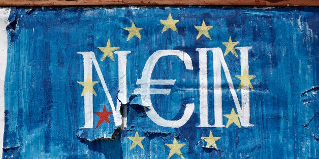 The German word 'Nein' which means 'No' sits on graffiti art displaying the European Union (EU) flag and a euro symbol on a street in Athens, Greece, on Wednesday, July 1, 2015. Greek Prime Minister Alexis Tsipras signaled he's ready to end his standoff with creditors as the country gets a taste of financial meltdown. Photographer: Kostas Tsironis/Bloomberg via Getty Images