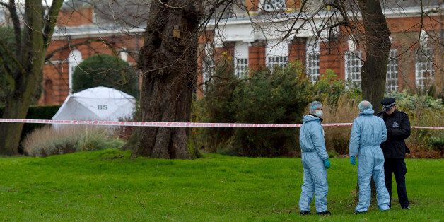 LONDON, ENGLAND - FEBRUARY 09: Forensics officers arrive at Kensington Gardens after a sudden death was reported at Hyde Park on February 9, 2016 in London, England. Police were called in the early hours after a man in his 40s was found on fire, he was pronounced dead at the scene. (Photo by Ben Pruchnie/Getty Images)