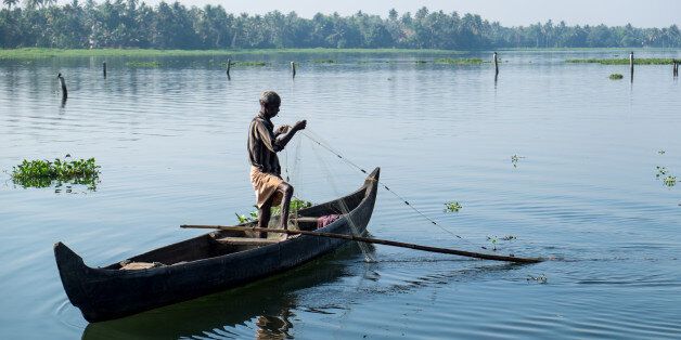 [UNVERIFIED CONTENT] A fisherman in his fishing boat in Vembanad lake, Kumarakom, Kerala, South India.