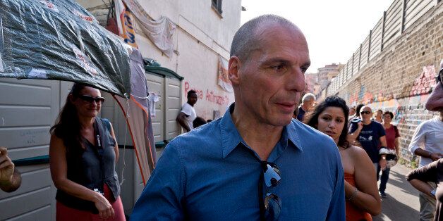 ROME, ITALY JUNE 23: Yaris Varoufakis and his movement DiEM25 and former Minister of Finance greek and economist, visited the tent city of the multiethnic center 'Baobab Experience' Via Cupa on june 23, 2016 in Rome, Italy. (Photo by Stefano Montesi/Corbis via Getty Images).