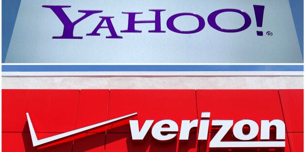 A combination photo shows Yahoo logo in Rolle, Switzerland (top) in 2012 and a Verizon sign at a retail store in San Diego, California, U.S. In 2016. REUTERS/File Photos