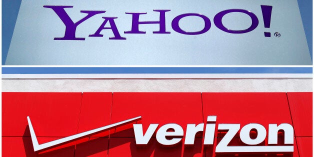 A combination photo shows Yahoo logo in Rolle, Switzerland (top) in 2012 and a Verizon sign at a retail store in San Diego, California, U.S. In 2016. REUTERS/File Photos