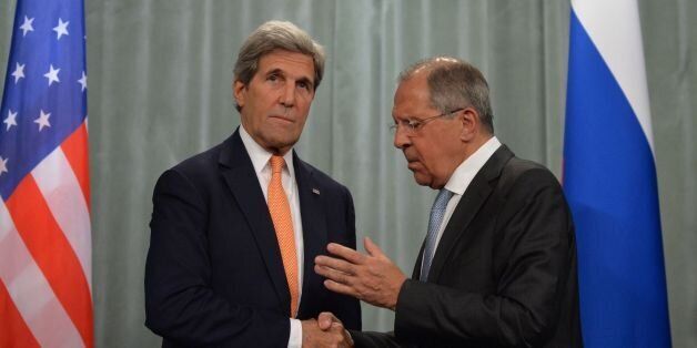 Russian Foreign Minister Sergei Lavrov (R) shakes hands with US Secretary of State John Kerry after their press conference in Moscow on July 15, 2016.US Secretary of State John Kerry said on July 15 he was still catching up with fast-moving events in Turkey, where troops are on the street amid reports of a coup attempt. But he said that however events play out, he hoped that Turkey would be able to resolve the crisis while preserving peace, stability and a respect for 'continuity.' Russian Foreign Minister Sergei Lavrov called on Turkey to avoid all 'bloodshed' as troops were on the streets of the country's major cities today amid reports of an attempted coup by the military. / AFP / NATALIA KOLESNIKOVA (Photo credit should read NATALIA KOLESNIKOVA/AFP/Getty Images)