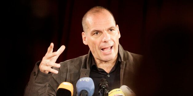 Former Greek finance minister Yanis Varoufakis, right, attends a news conference about the launch of a new left-wing pan-Europe political movement called 'Democracy in Europe Movement 2025' in Berlin, Germany, Tuesday, Feb. 9, 2016. Sitting at left is Croatian philosopher and author Srecko Horvat. (AP Photo/Markus Schreiber)