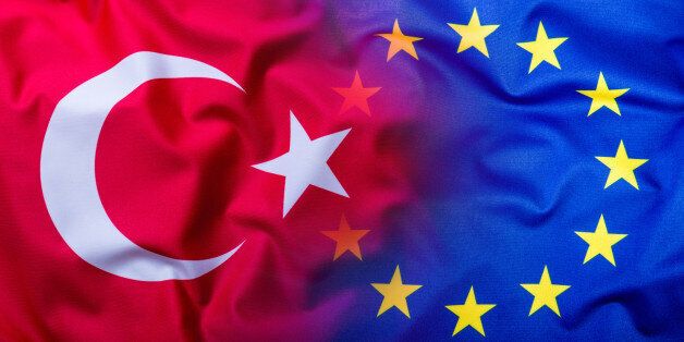 Flags of the Turkey and the European Union. Turkey Flag and EU Flag. World flag money concept.Flags of the Turkey and the European Union. Turkey Flag and EU Flag. World flag money concept.