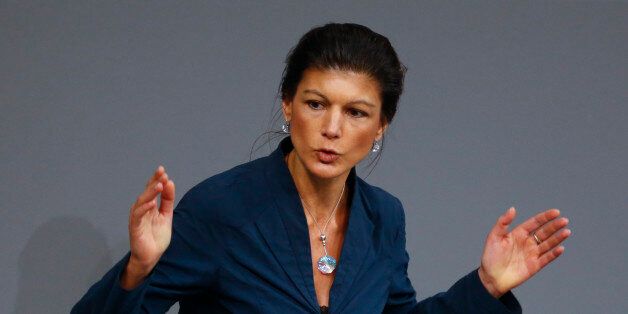 Left-wing Die Linke party member Sahra Wagenknecht addresses a session of the Bundestag, the German lower house of parliament, in Berlin, Germany, December 4, 2015. The German Bundestag lower house of parliament is expected to support plans approved by Chancellor Angela Merkel's cabinet earlier this week to deploy up to 1,200 soldiers, Tornado reconnaissance jets, refueling aircraft and a frigate as part of the military campaign against Islamic State. REUTERS/Hannibal Hanschke