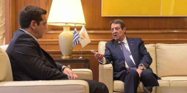 MAXIMOU MANSION, ATHENS, ATTIKI, GREECE - 2016/05/25: Greek Prime Minister Mr. Alexis Tsipras (left) and President of Cyprus Mr. Nikos Anastasiadis, (right) during their meeting in Maximou Mansion. President of Cyprus Mr Nikos Anastasiadis has made an unofficial visit to Greek Prime Minister Mr. Alexis Tsipras in order to discuss the development and the current relationship between the two countries, Greece and Cyprus. (Photo by Dimitrios Karvountzis/Pacific Press/LightRocket via Getty Images)