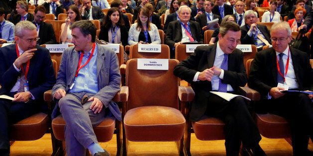 Greek Finance Minister Euclid Tsakalotos (2ndL) and European Central Bank (ECB) President Mario Draghi (2ndR) attend the Brussels Economic Forum, Belgium, June 9, 2016. REUTERS/Francois Lenoir