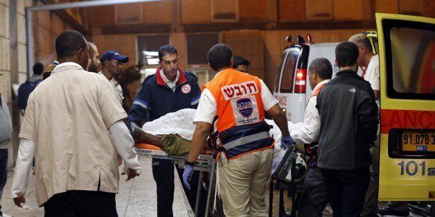 A wounded Israeli soldier arrives at Hadassah Ein Kerem hospital in Jerusalem on November 6, 2015, after he was shot and seriously wounded near the Palestinian village of Beit Anon south of Hebron, the army and medics said. AFP PHOTO / AHMAD GHARABLI (Photo credit should read AHMAD GHARABLI/AFP/Getty Images)