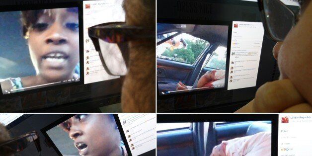 (COMBO) This combination of pictures created on July 07, 2016 shows an editor watching a video in Washington, DC, of the dying moments of a black man shot by Minnesota police after being pulled over while driving. A woman, identified on her Facebook page as Lavish Reynolds, livestreamed her boyfriend's dying moments after a new police shooting a day after a similar event in Louisiana. Police confirmed the shooting by an officer. Family and activists identified the victim as school cafeteria worker Philando Castile, 32. Castile can be seen in the driver seat, large blood stains spreading through his white shirt. Reynolds sat next to him and her young daughter was also traveling in the car. / AFP / STF (Photo credit should read STF/AFP/Getty Images)
