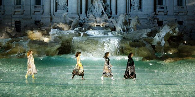 ROME, ITALY - JULY 07: Models walk the runway at Fendi Roma 90 Years Anniversary fashion show at Fontana di Trevi on July 7, 2016 in Rome, Italy. (Photo by Victor Boyko/Getty Images )