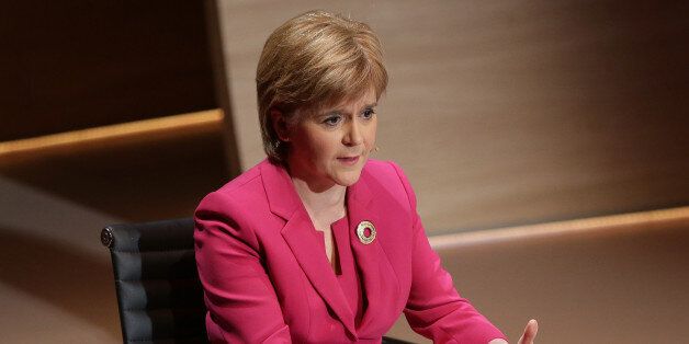 First Minister of Scotland Nicola Sturgeon speaks during the Women in the World Summit at Cadogan Hall in London, Friday Oct. 9, 2015. (AP Photo/Tim Ireland)