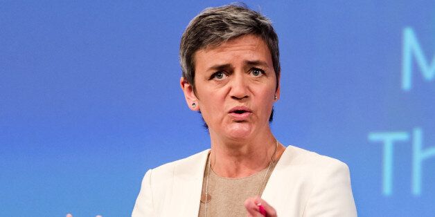 European Commissioner for Competition Margrethe Vestager addresses the media at the EU Commission headquarters in Brussels on Wednesday May 11, 2016. The EU's competition watchdog has blocked the takeover of Telefonica U.K.'s O2, by Hutchison U.K. over concerns the merger would have stifled innovation in the mobile phone sector. (AP Photo/Geert Vanden Wijngaert)