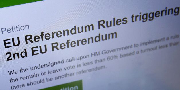 In this posed picture taken in London on June 25, 2016, a laptop screen displays a parliamentary petition on the website of the British government, calling for a 2nd UK referendum on the UK's inclusion within the EU, following the pro-Brexit result of the June 23 vote to leave.More than a million people have signed a petition calling for a second referendum, after 'Leave' voters won a shock victory to pull Britain out of the European Union, an official website showed Saturday. The result of Britain's June 23 referendum vote to leave the European Union (EU) has pitted parents against children, cities against rural areas, north against south and university graduates against those with fewer qualifications. / AFP / JUSTIN TALLIS (Photo credit should read JUSTIN TALLIS/AFP/Getty Images)