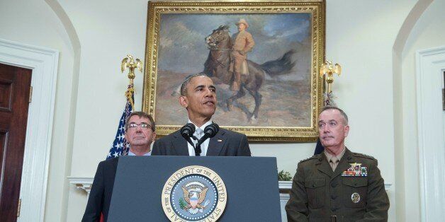 US President Barack Obama delivers a statement on Afghanistan with Defense Secretary Ashton Carter (L)...