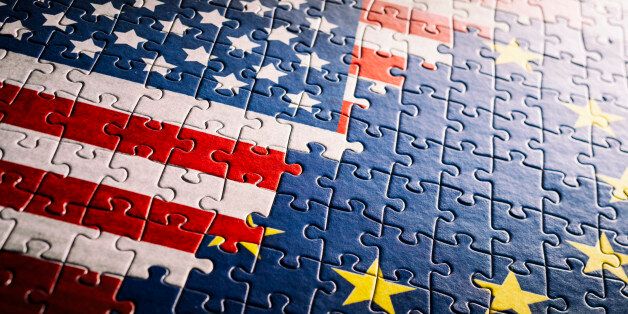 30Mpx tilt shift photo stich of a jigsaw puzzle: US EU. Personalized and unique flag design and puzzle.