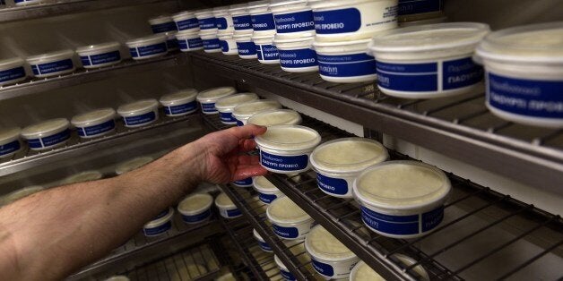 TO GO WITH AFP STORY BY SOPHIE MAKRIS: GRECE-GASTRONOMIE-AGRICULTURE-ECONOMIE-LAIT-USAThanasis Karagiorgos, 37, owner of the milk bar 'Stani', works in his shop in central Athens on March 4, 2014. Yoghurt is a global health fad with millions of adherents in Europe and the United States, and yet in Greece, many people have never heard of 'Greek yoghurt'. Strained yoghurt, made from cows' milk, is the stuff of millions today -- and its popularity the cause of litigation. Strained yoghurt is also popular in Greece, where it also serves as a key ingredient for staple dishes like tzatziki. But for traditionalists, there is also a significant market for non-strained, tangier and more fatty yoghurt made from sheep's milk. Yoghurt made from sheep's milk has 6.5 percent natural fat, compared to around 2.0 percent in cow's milk. AFP PHOTO / ARIS MESSINIS (Photo credit should read ARIS MESSINIS/AFP/Getty Images)