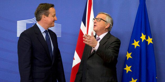 FILE - In this Jan. 29, 2016 file photo, British Prime Minister David Cameron, left, speaks with European Commission President Jean-Claude Juncker at EU headquarters in Brussels. While Juncker has been a advocate of cutting red tape, for many in Britain any rule from Brussels will always be one too many. Railing for years against overly intrusion into daily life with myriad, petty rules, the British have made red tape and regulation a theme in the referendum campaign. (AP Photo/Virginia Mayo, File)