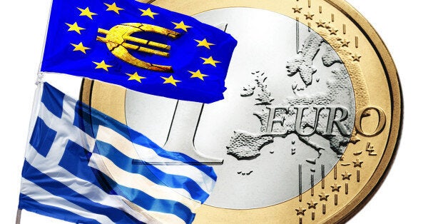 Greece and the European Union flag. In the background 1 euro.