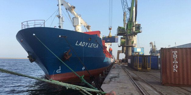 Lady Leyla, a Turkish ship that is to carry humanitarian aid to Gaza following a reconciliation agreement which Turkey reached with Israel, is docked at Mersin port, Turkey, Friday, July 1, 2016, waiting to sail. The ship is scheduled to take food, toys and other goods to the Israeli port of Ashdod and is due to make port on Sunday. (AP Photo/Mucahit Ceylan)