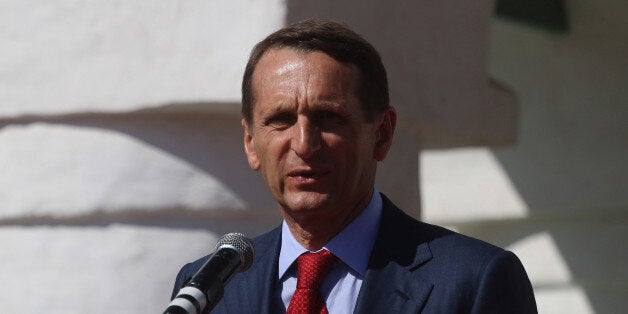 SAINT PETERSBURG, RUSSIA - AUGUST 04:Chairman of the State Duma, Sergey Naryshkin speaks during the opening ceremony of the museum in commemoration of the 100th anniversary of declaration of the start WW1 is open in St Petersburg, Russia, on August 5, 2014. Many uniforms, guns, medals and documents are displayed in the museum. (Photo by Sergey Mihailicenko/Anadolu Agency/Getty Images)