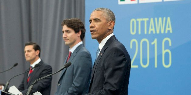 President Barack Obama, Canadian Prime Minister Justin Trudeau and Mexican President Enrique Pena Neito participate in a trilateral news conference for the North America Leaders' Summit at the National Gallery of Canada, Wednesday, June 29, 2016 in Ottawa, Canada. (AP Photo/Pablo Martinez Monsivais)