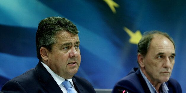 ATHENS, ATTICA, GREECE - 2016/06/30: Sigmar Gabriel, Vice Chancellor of Germany and Minister for Economic Affairs and Energy (L) with George Stathakis, Greek Minister of Economy, Development and Tourism, during their joint statements to the press, at the Ministry of Economy. Sigmar Gabriel is on a two day official visit to Athens, accompanied by 40 representatives of German companies. (Photo by Panayotis Tzamaros/Pacific Press/LightRocket via Getty Images)