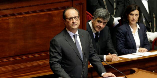 French President Francois Hollande delivers a speech at the Versailles castle, west of Paris, Monday, Nov.16, 2015. French President Francois Hollande is addressing parliament about France's response to the Paris attacks, in a rare speech to lawmakers gathered in the majestic congress room of the Palace of Versailles. (Philippe Wojazer, Pool via AP)