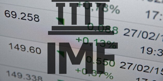 Building icon with inscription 'IMF' with financial data visible in the background.