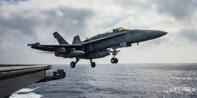 MEDITERRANEAN SEA - JUNE 28: In this handout provided by the U.S. Navy, an F/A-18E Super Hornet assigned to the Wildcats of Strike Fighter Squadron (VFA) 131 launches from the flight deck of the aircraft carrier USS Dwight D. Eisenhower (CVN 69)on June 28, 2016 in the Mediterranean Sea. Dwight D. Eisenhower is deployed in support of Operation Inherent Resolve, maritime security operations and theater security operation efforts in the U.S. 6th Fleet area of operations. (Photo by Ryan U. Kledzik/U.S. Navy via Getty Images)