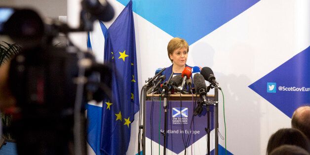 Scotland's First Minister Nicola Sturgeon speaks during a media conference at the Scotland House in Brussels on Wednesday, June 29, 2016. Sturgeon is on a one day visit to Brussels to meet with EU officials. (AP Photo/Geoffroy Van der Hasselt, Pool)