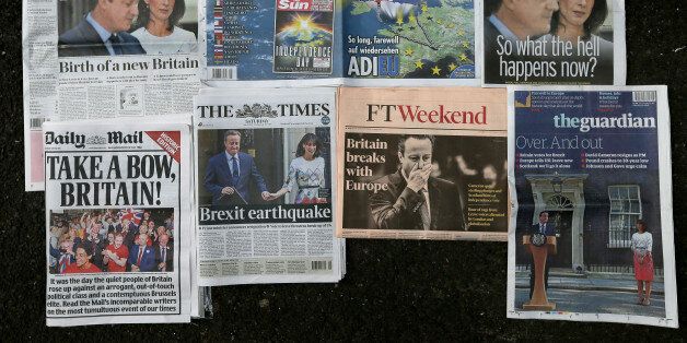 The front pages of Britain's newspapers report on the EU referendum result, London, Saturday, June 25, 2016. Britain voted to leave the European Union after a bitterly divisive referendum campaign. (AP Photo/Tim Ireland)