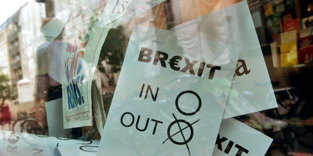 A poster featuring a Brexit vote ballot with 'out' tagged is on display at a book shop window in Berlin on June 24, 2016.Britain has voted to break out of the European Union, striking a thunderous blow against the bloc and spreading panic through world markets on June 24 as sterling collapsed to a 31-year low. / AFP / John MACDOUGALL (Photo credit should read JOHN MACDOUGALL/AFP/Getty Images)