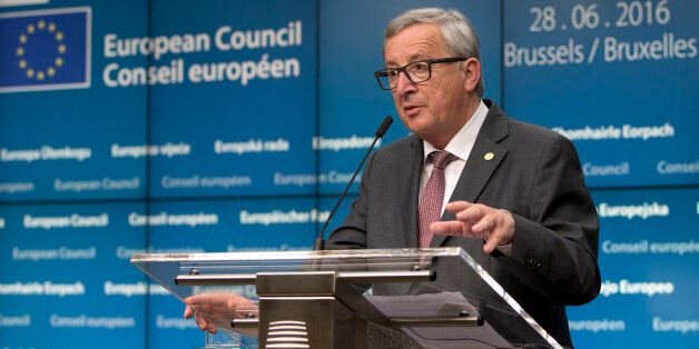 European Commission President Jean-Claude Juncker speaks during a media conference at an EU summit in Brussels on Tuesday, June 28, 2016. European Union leaders began plotting a future without Britain on Tuesday, urging the island nation and economic powerhouse to disentangle itself as fast as possible from the other 27 nations in the bloc to avoid extending the turmoil that has been roiling European and global markets. (AP Photo/Virginia Mayo)