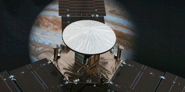 A 1/4 scale model size of NASA's solar-powered Juno spacecraft is displayed at the Jet Propulsion Laboratory in Pasadena, Calif. on Friday, July 1, 2016. The spacecraft is on the final leg of a five-year, 1.8 billion-mile voyage to the biggest planet in the solar system. It's expected to reach Jupiter and go into orbit around the planet on July 4. (AP Photo/Richard Vogel)