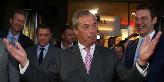 Leader of the United Kingdom Independence Party (UKIP), Nigel Farage reacts at the Leave.EU referendum party at Millbank Tower in central London on June 24, 2016, as results indicate that it looks likely the UK will leave the European Union (EU).Top anti-EU campaigner Nigel Farage said he was increasingly confident of victory in Britain's EU referendum on Friday, voicing hope that the result 'brings down' the European Union. / AFP / GEOFF CADDICK (Photo credit should read GEOFF CADDICK/AF