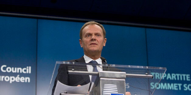 European Council President Donald Tusk speaks during a media conference at an EU summit in Brussels on Thursday, March 19, 2015. Ukraine is urging the European Union to stay united on keeping up sanctions pressure on Russia over the conflict in eastern Ukraine as EU leaders gather for a two-day summit. (AP Photo/Virginia Mayo)