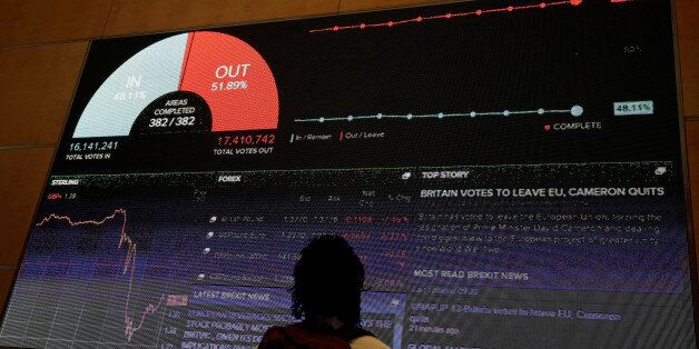 A screen shows the referendum result and market information at Thomson Reuters offices in London, Britain June 24, 2016 after Britain voted to leave the European Union. REUTERS/Kevin Coombs