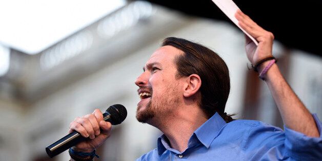 Leader of left wing party Podemos and party candidate Pablo Iglesias delivers a speech in Vitoria on June 21, 2016 during a campaign meeting ahead of the general elections next June 26. Spain is holding its second elections in six months, on June 26, after being governed by a caretaker government with limited powers since the December 20 polls put an end to the country's traditional two-party system as voters fed up with austerity and corruption scandals flocked to new groups. / AFP / ANDER GILLENEA (Photo credit should read ANDER GILLENEA/AFP/Getty Images)