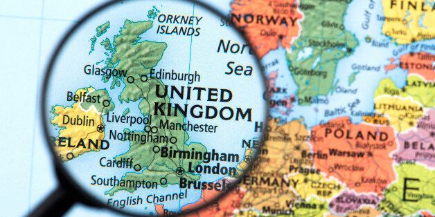 Map of United Kingdom. Detail from the World Atlas. Selective Focus.
